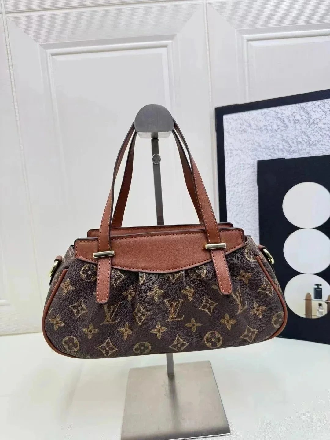 Louis Vuitton Monogram Canvas Handbag with Brown Leather Trim