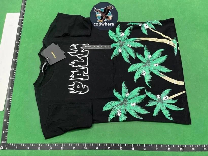 Black T-Shirt with Palm Tree and Skull Design