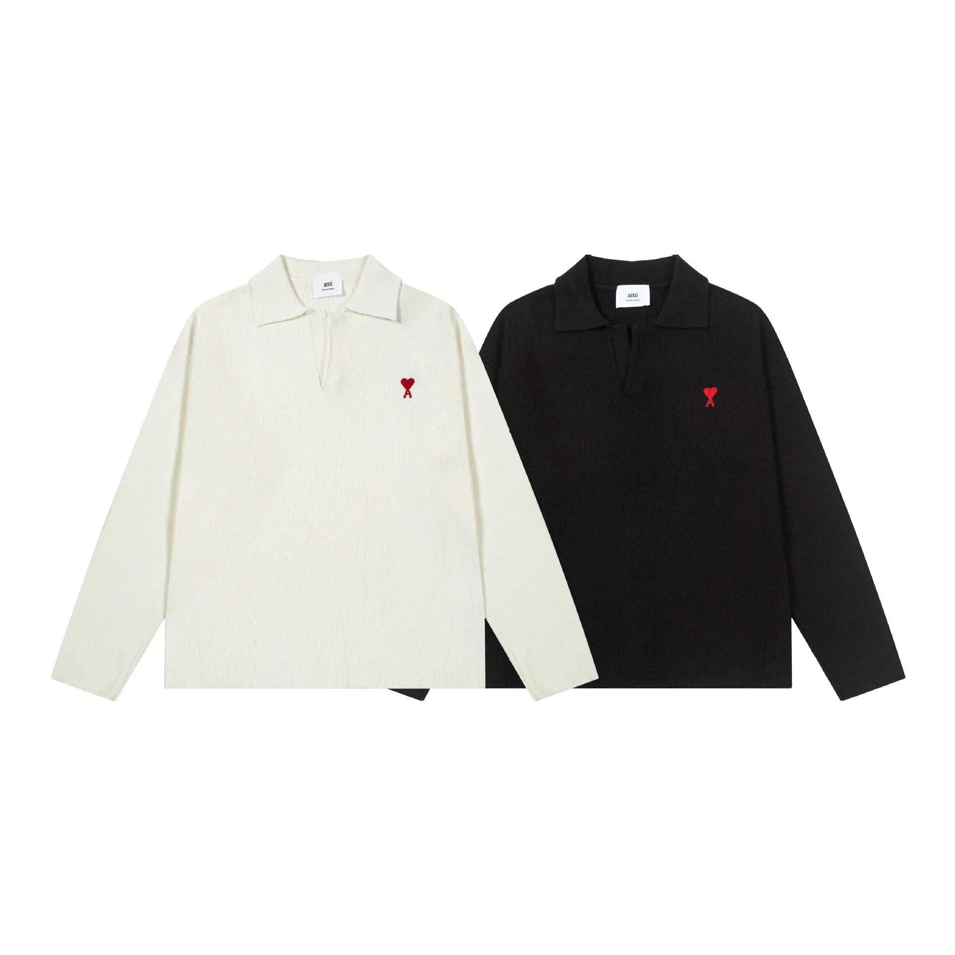 Aries Ribbed Long Sleeve Polo Shirt in Black and Cream