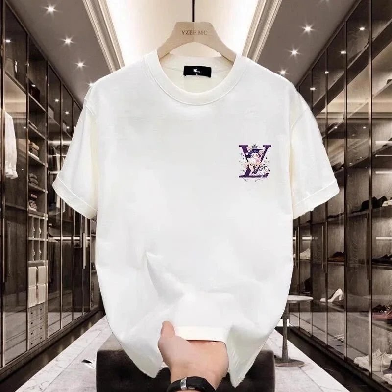 White LV Logo Print T-Shirt for Men Women Casual Fashion Top