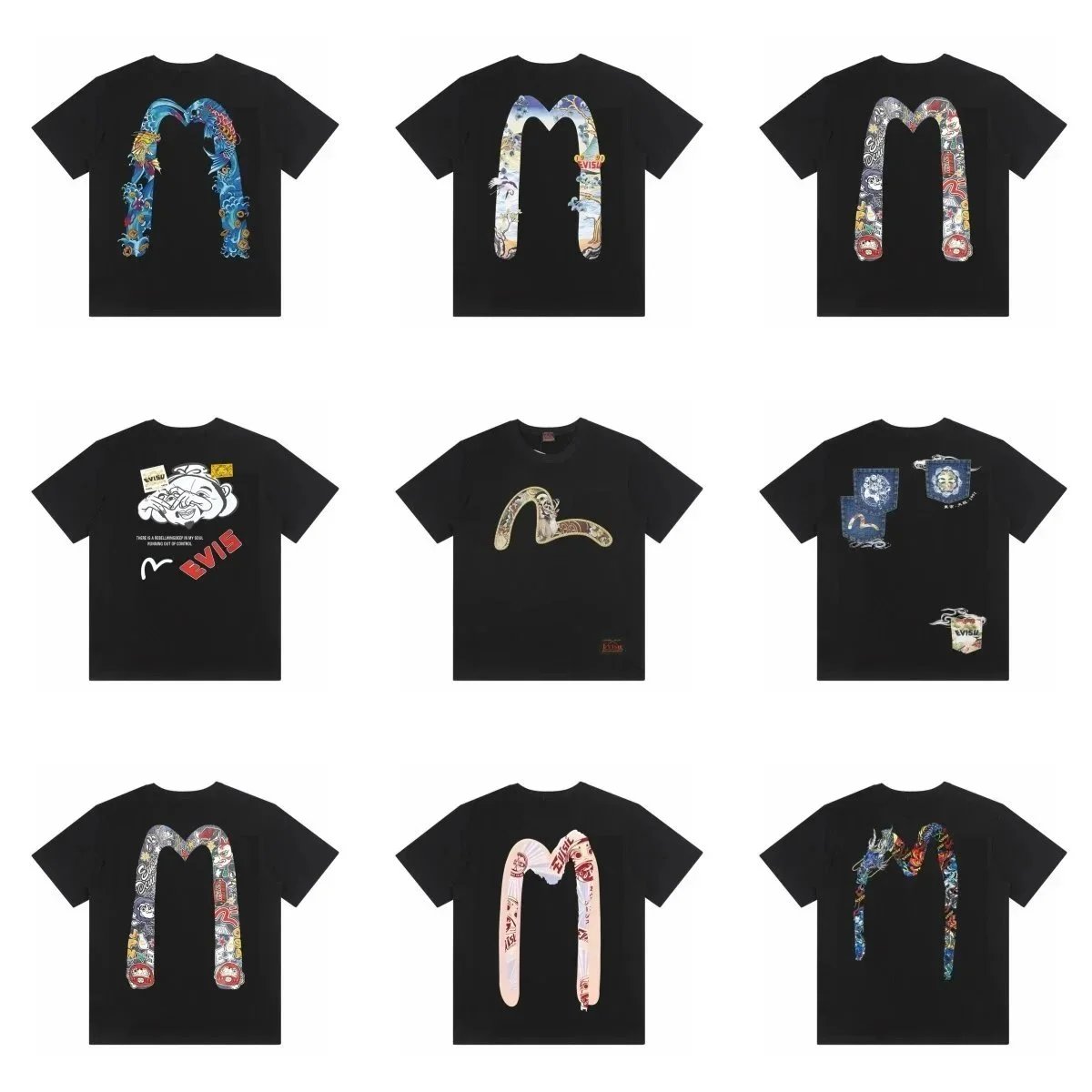 EVIS Black T-Shirt Collection with Unique M Logo Designs