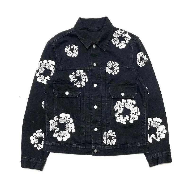 Black Floral Denim Jacket for Men and Women