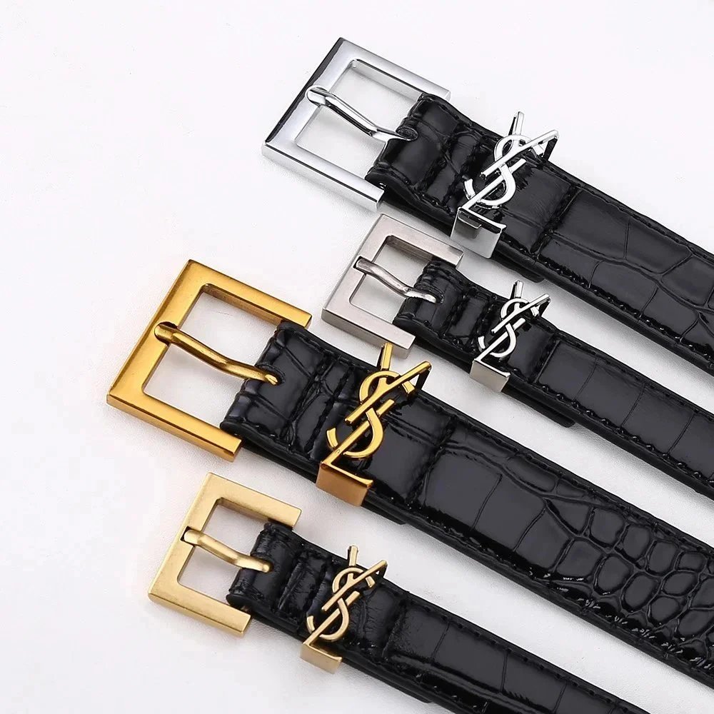 YSL Black Crocodile Pattern Leather Belt with Gold and Silver Buckle