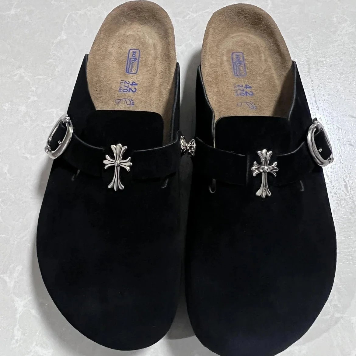 Black Suede Clogs with Silver Cross Buckle Design