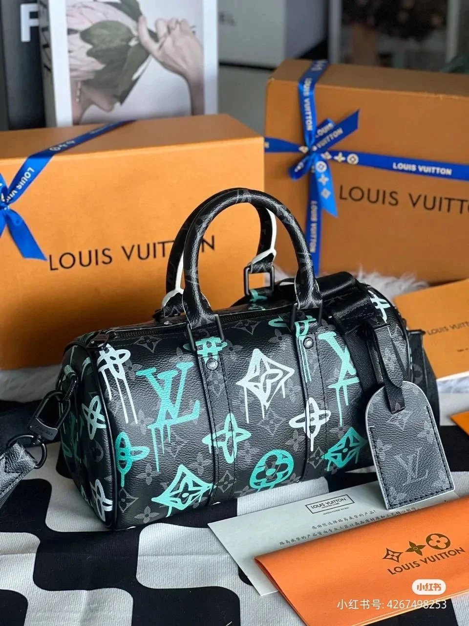 Louis Vuitton Graffiti Print Keepall Bag Black and Teal
