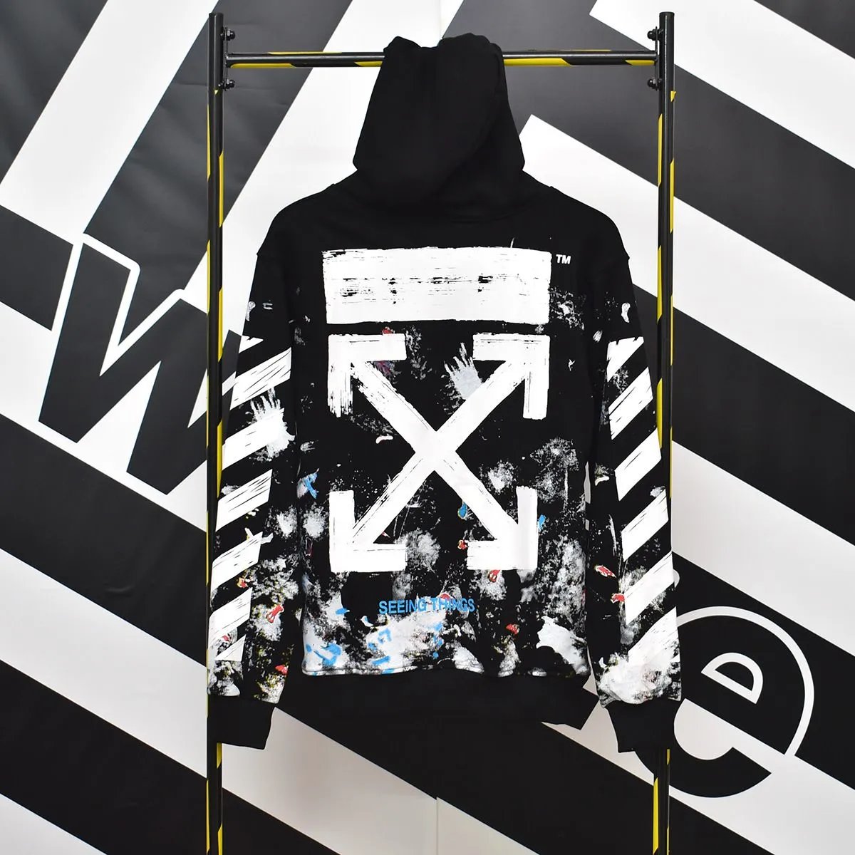 OFF-WHITE Black Hoodie with White Arrows and Graffiti Print