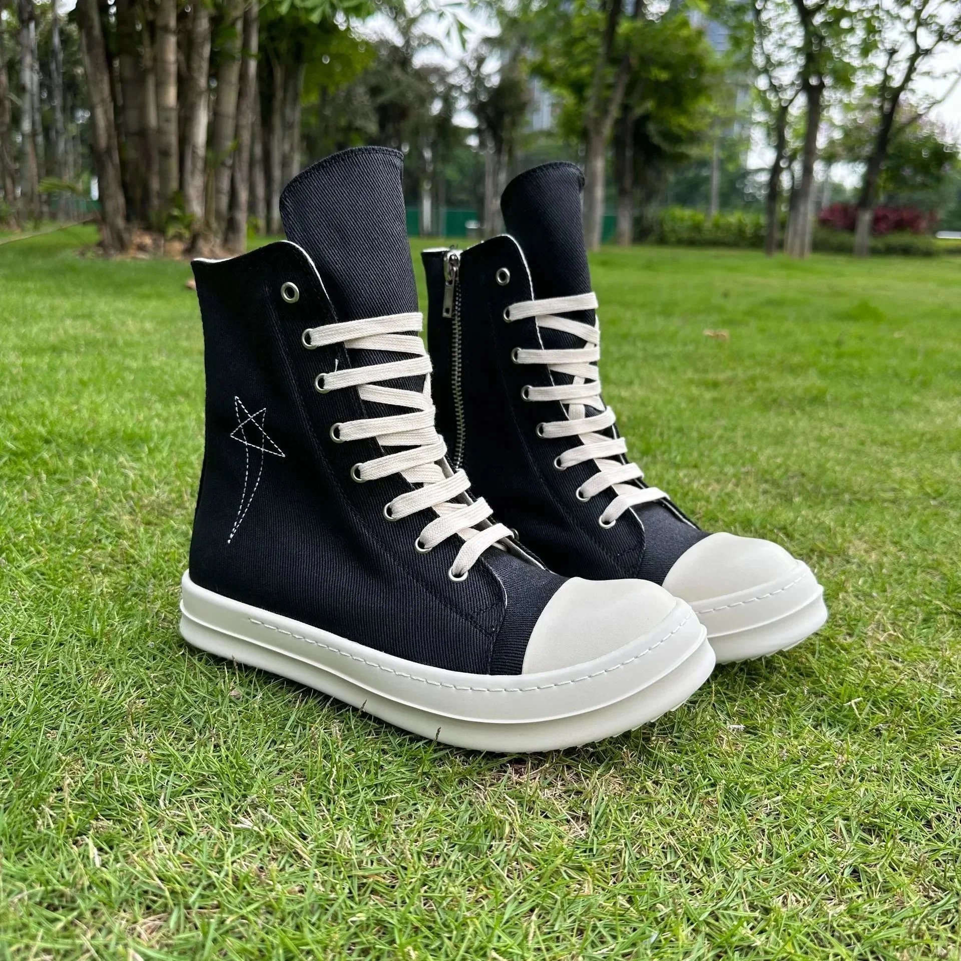 Black High Top Canvas Sneakers with White Sole and Star Logo