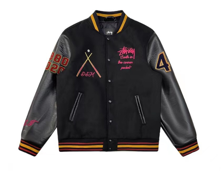 Stussy Black Leather Varsity Jacket with Pink Embroidery