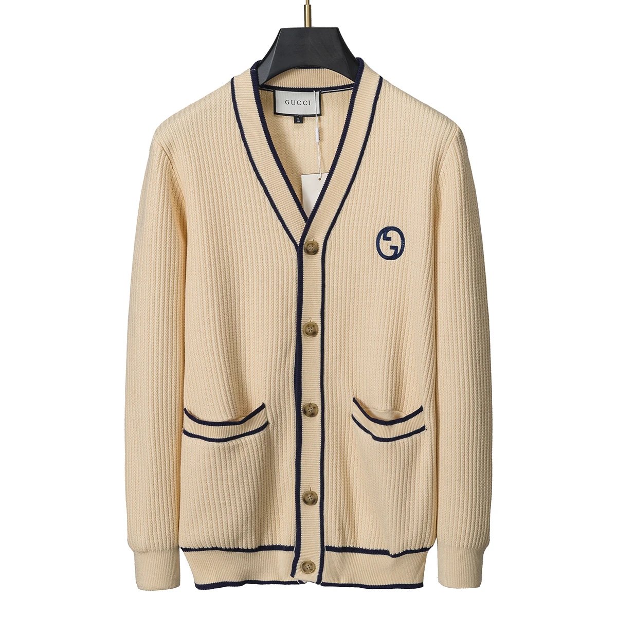 Gucci Cream Ribbed Knit Cardigan with Interlocking G Logo