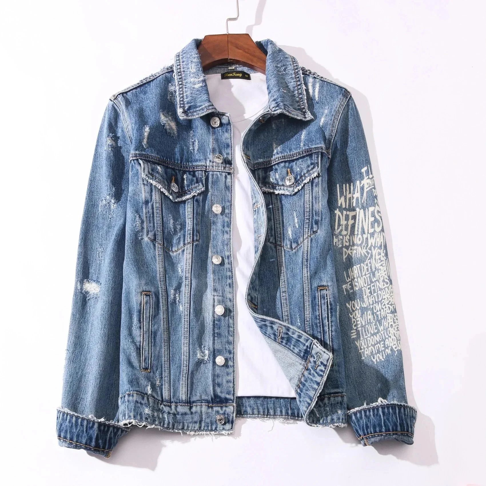 Distressed Denim Jacket with Graphic Print for Men