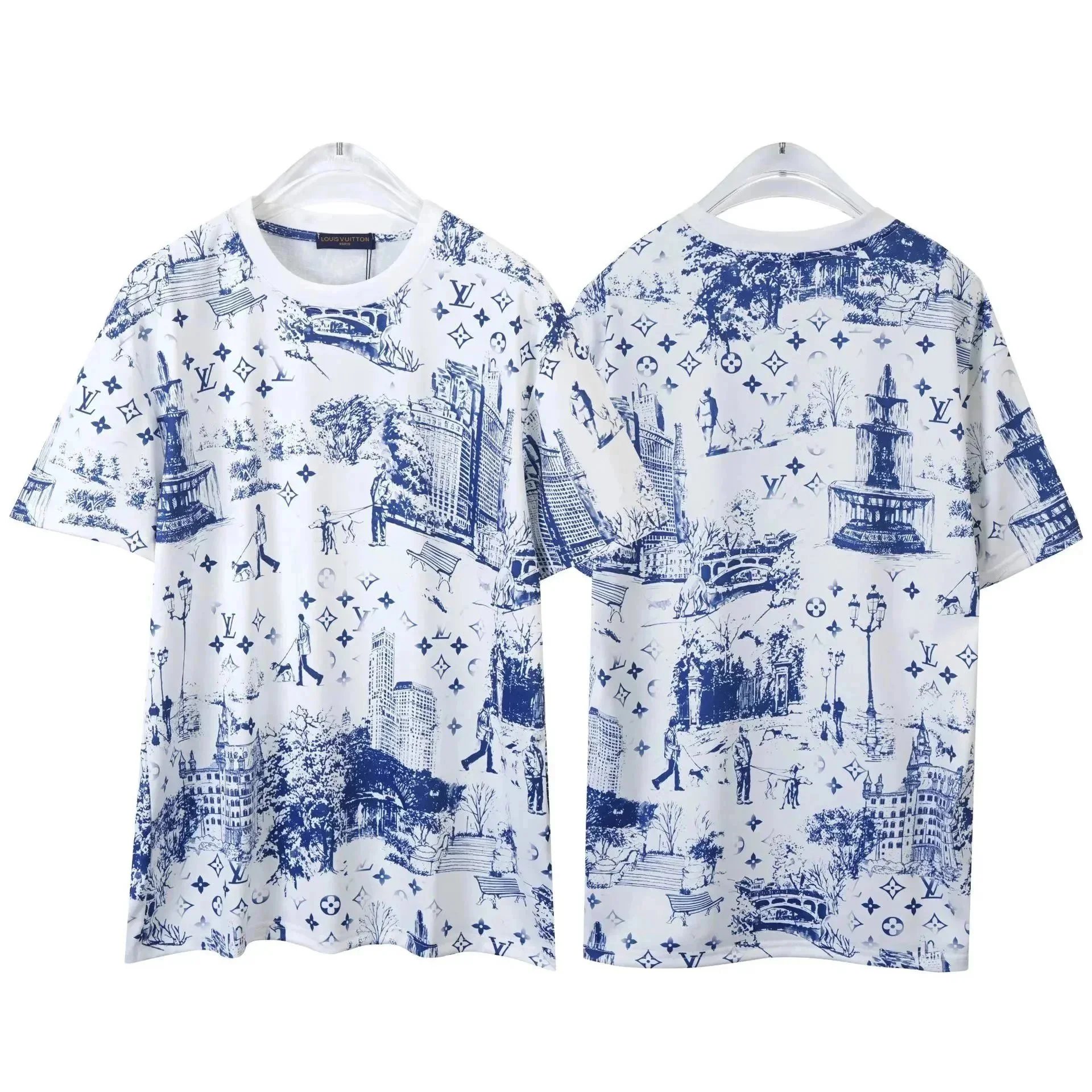 Louis Vuitton Blue and White Printed T-Shirt for Men and Women