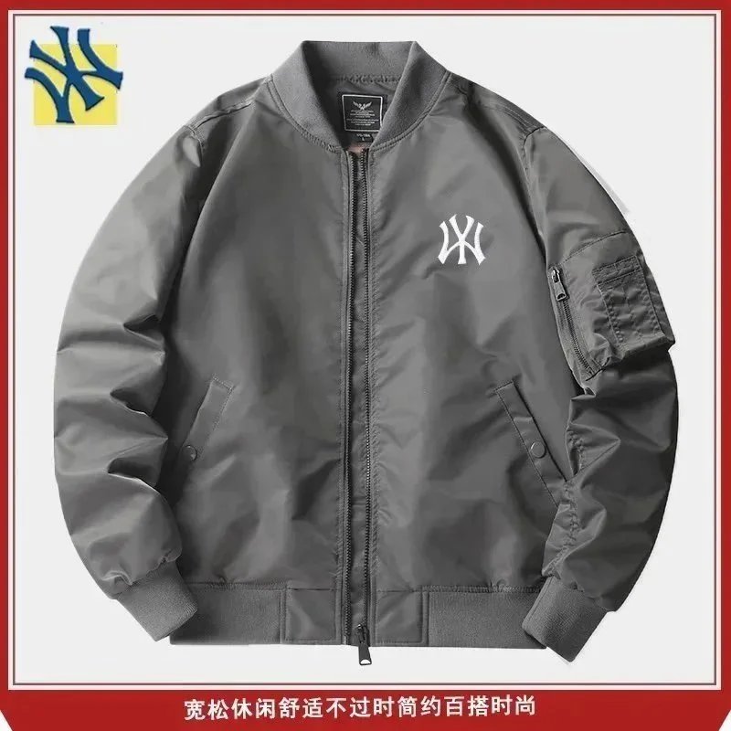 NY Yankees Bomber Jacket Men's Gray Casual Zip-Up Jacket