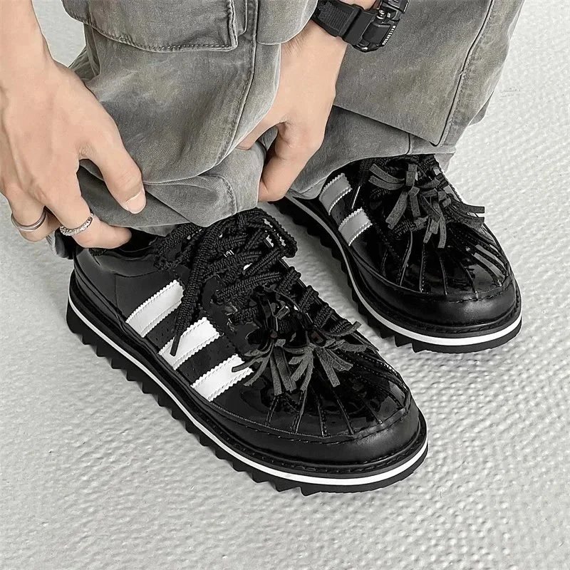 Adidas Black Leather Sneakers with White Stripes and Chunky Sole