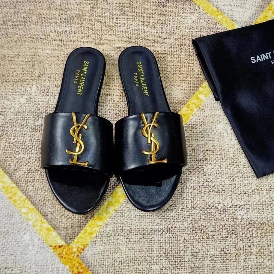 Saint Laurent Black Leather Slides with Gold YSL Logo