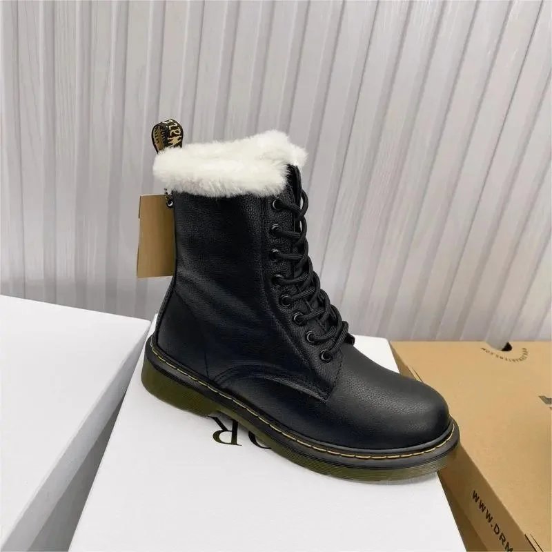 Dr. Martens Black Leather Winter Boots with Faux Fur Lining