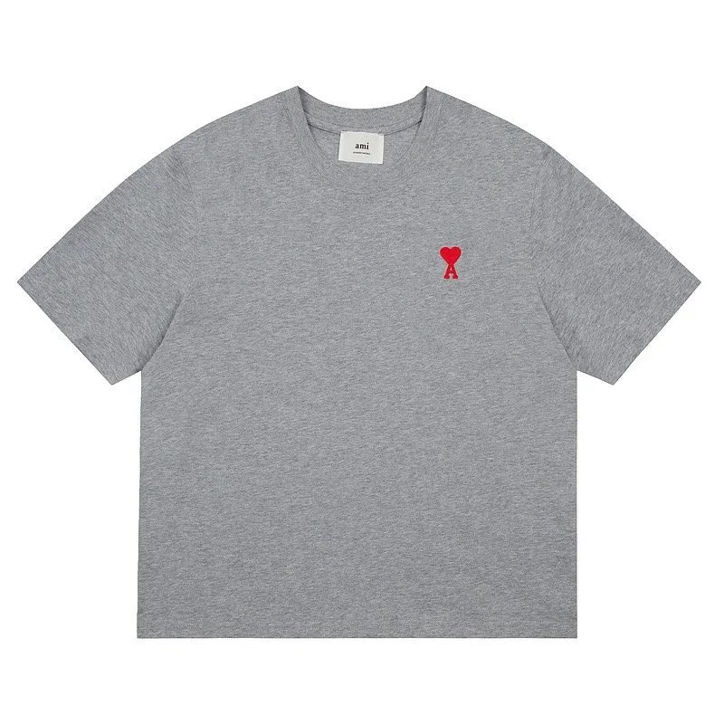 AMI Paris Grey T-Shirt with Red Heart Logo