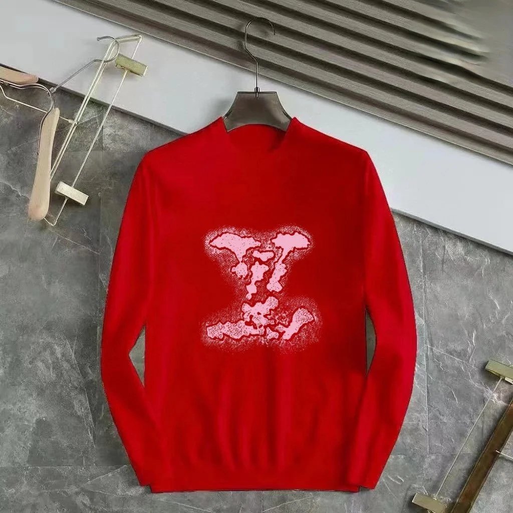 Red LV Logo Knit Sweater Men's Fashion Casual Wear