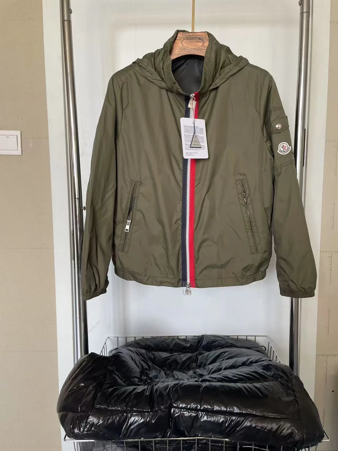 Moncler Olive Green Hooded Jacket with Red and Blue Zip