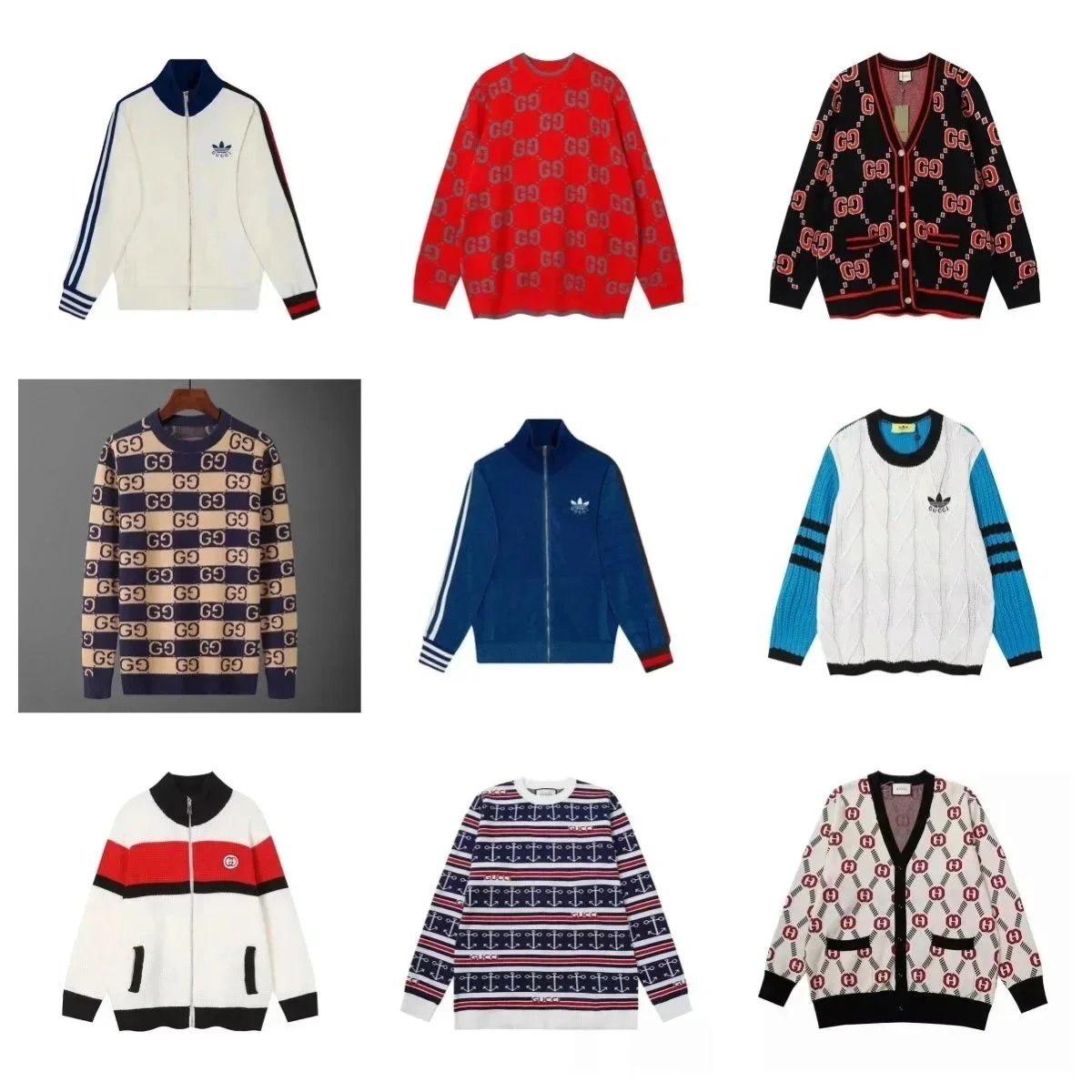 Gucci GG Pattern Knit Sweaters and Adidas Collaborative Jackets