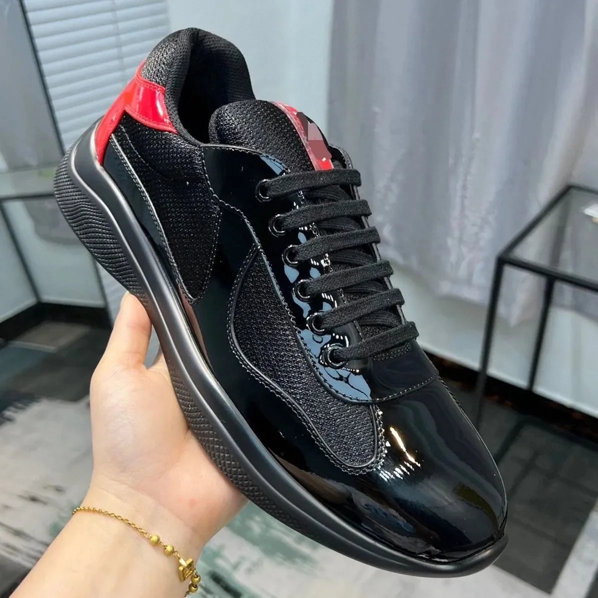 Black Patent Leather Sneakers with Red Accents for Women