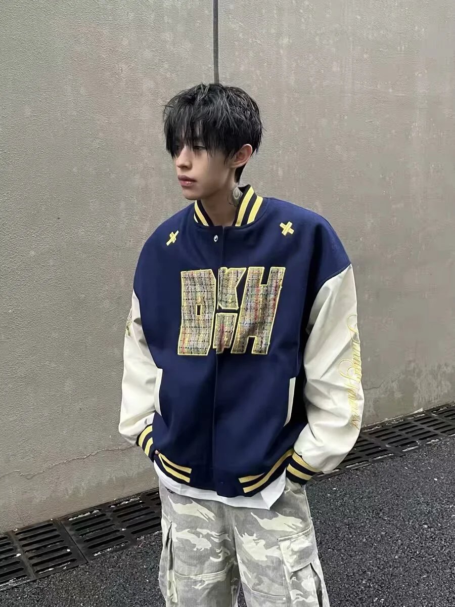 BKH Letter Patched Varsity Jacket Men's Streetwear