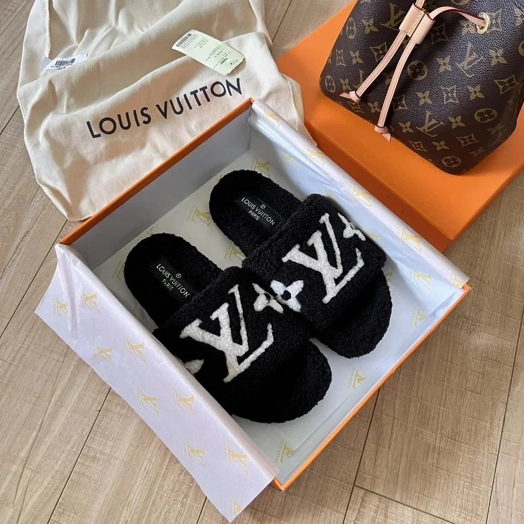 Louis Vuitton Monogram Logo Fuzzy Slides for Women