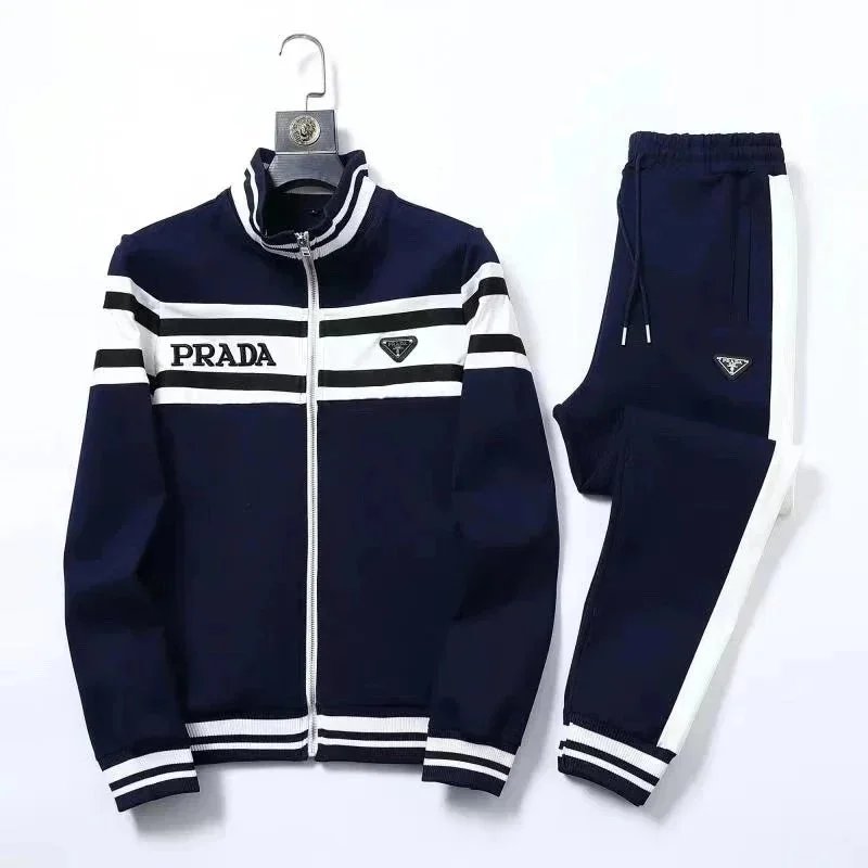 Prada Navy Blue Track Suit with White Stripes and Logo