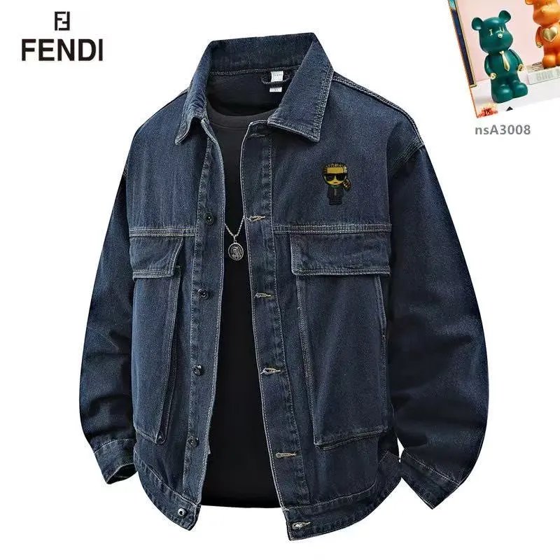FENDI Denim Jacket with Bear Logo Patch for Men