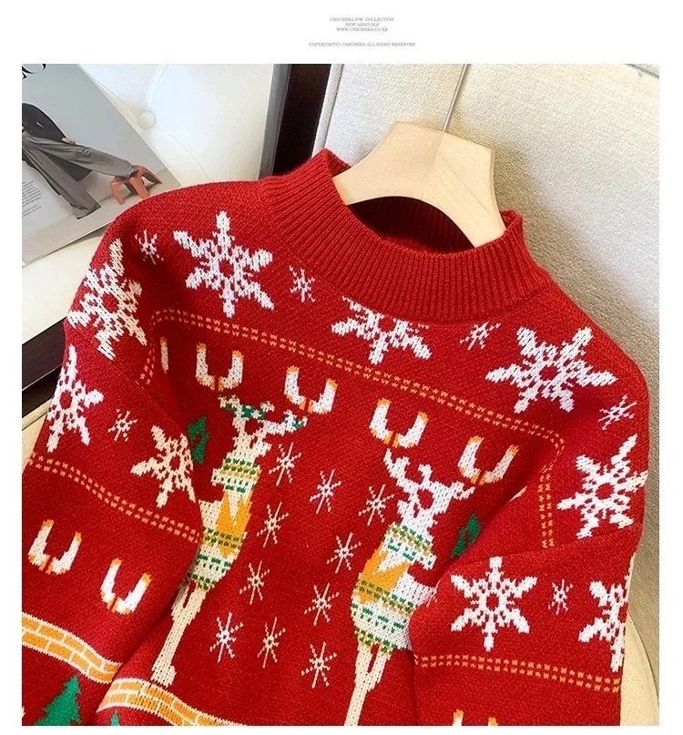 Christmas Reindeer Snowflake Knit Sweater Red Holiday Sweater