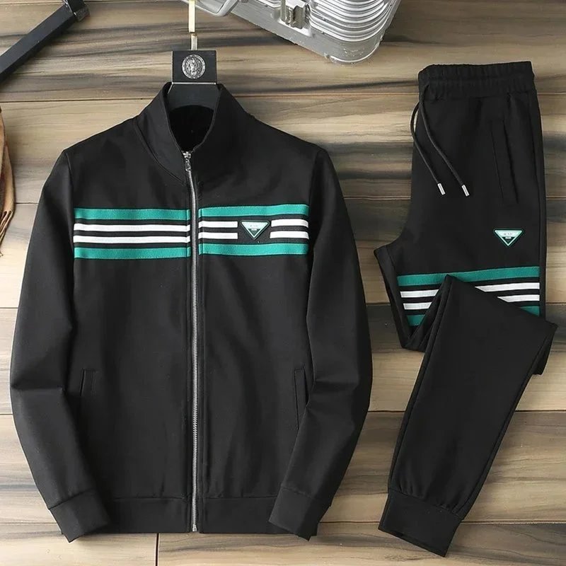 Men's Black Sport Suit with Green and White Stripes