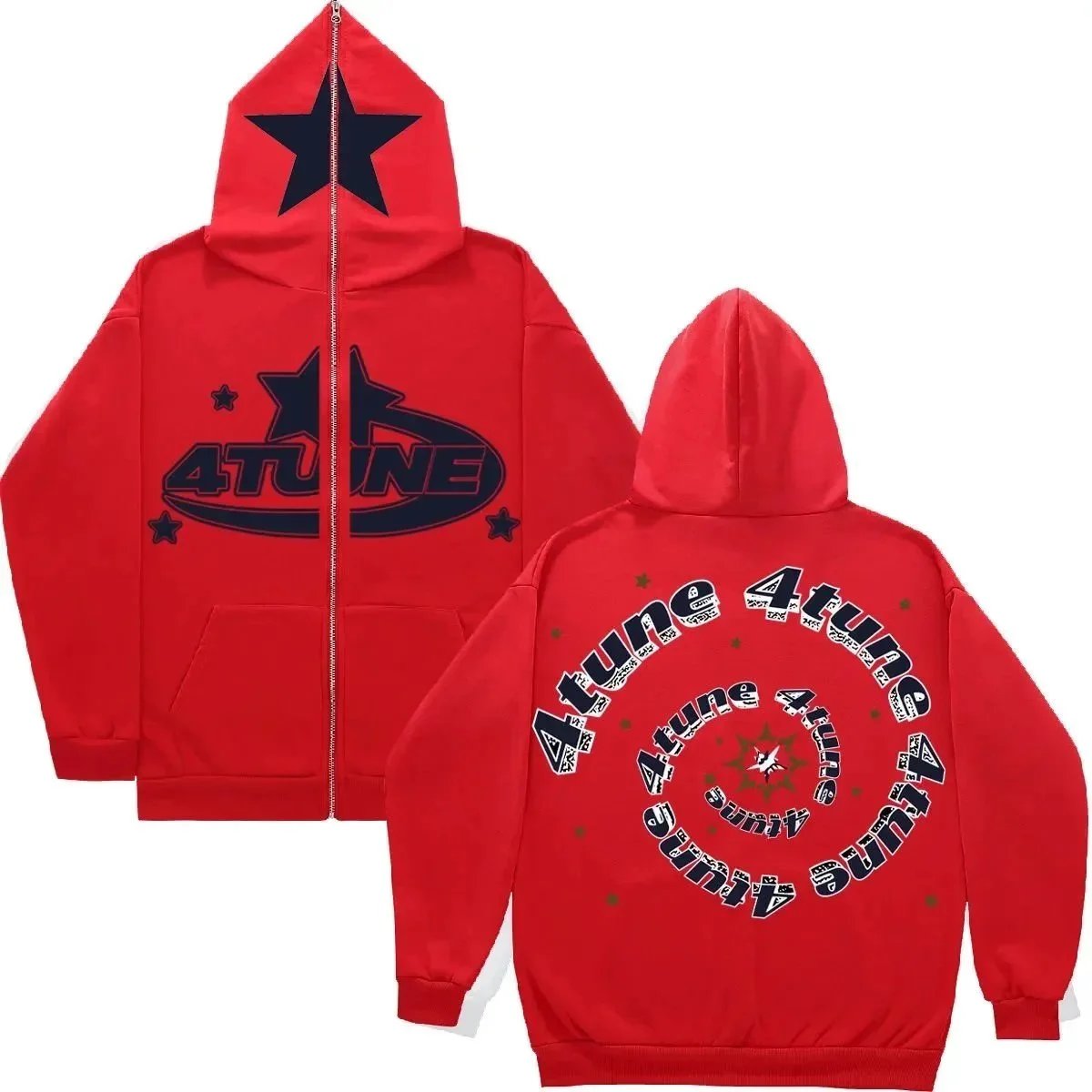 4TUNE Red Zip-Up Hoodie with Star Logo and Spiral Design