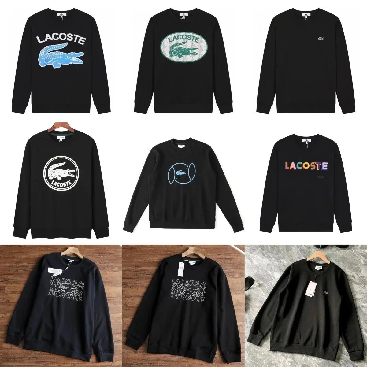 LACOSTE Black Sweatshirts with Crocodile Logo and Graphic Designs