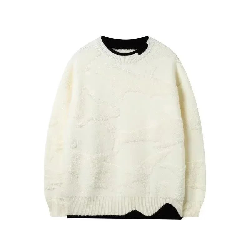 Cream Color Knit Sweater with Black Trim and Textured Pattern