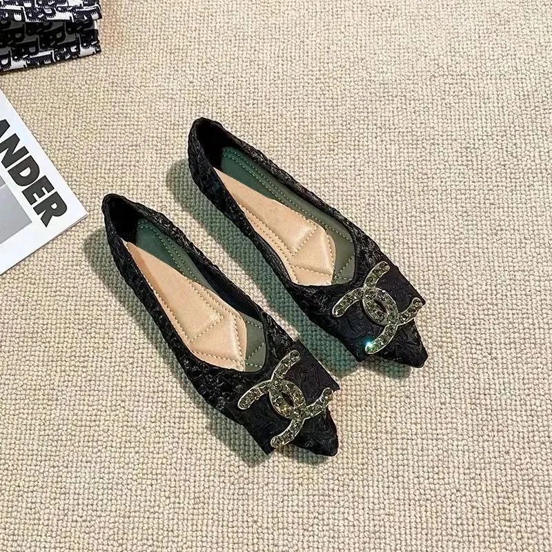 Chanel Black Flat Shoes with Crystal Logo Decor