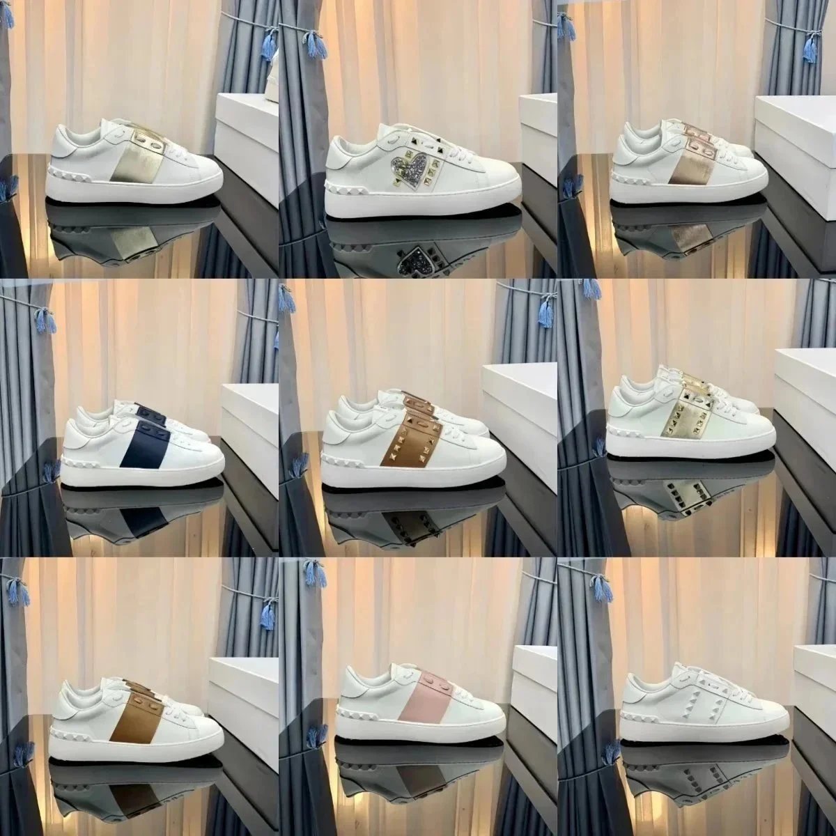 Valentino Rockstud Leather Sneakers White Gold