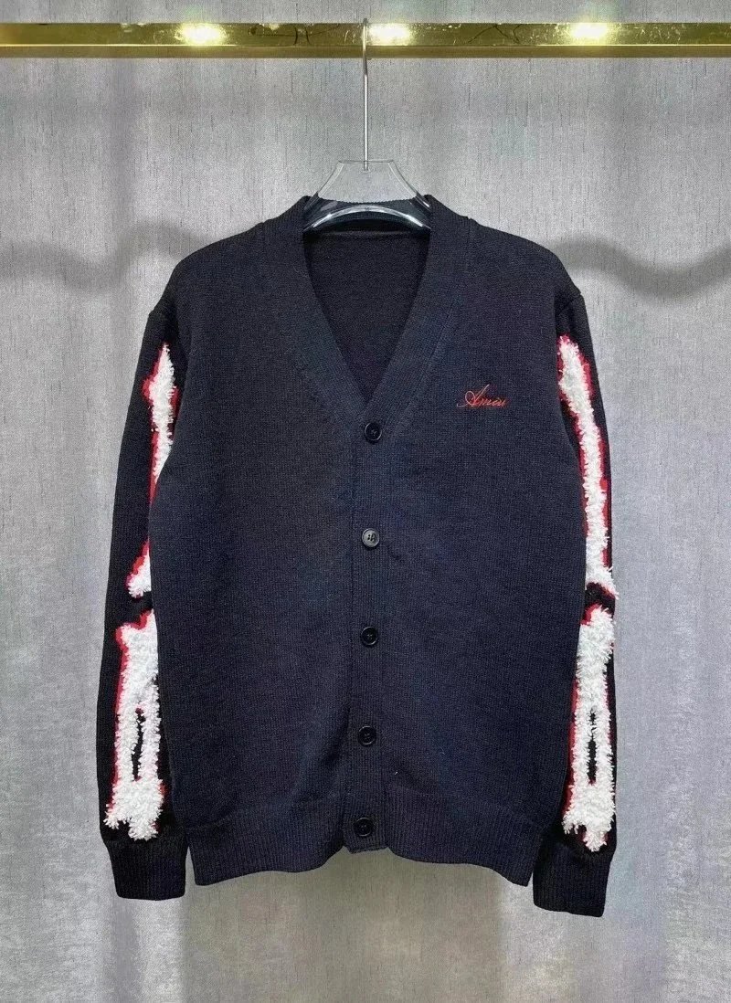 Black Knit Cardigan with Red and White Sleeve Embroidery