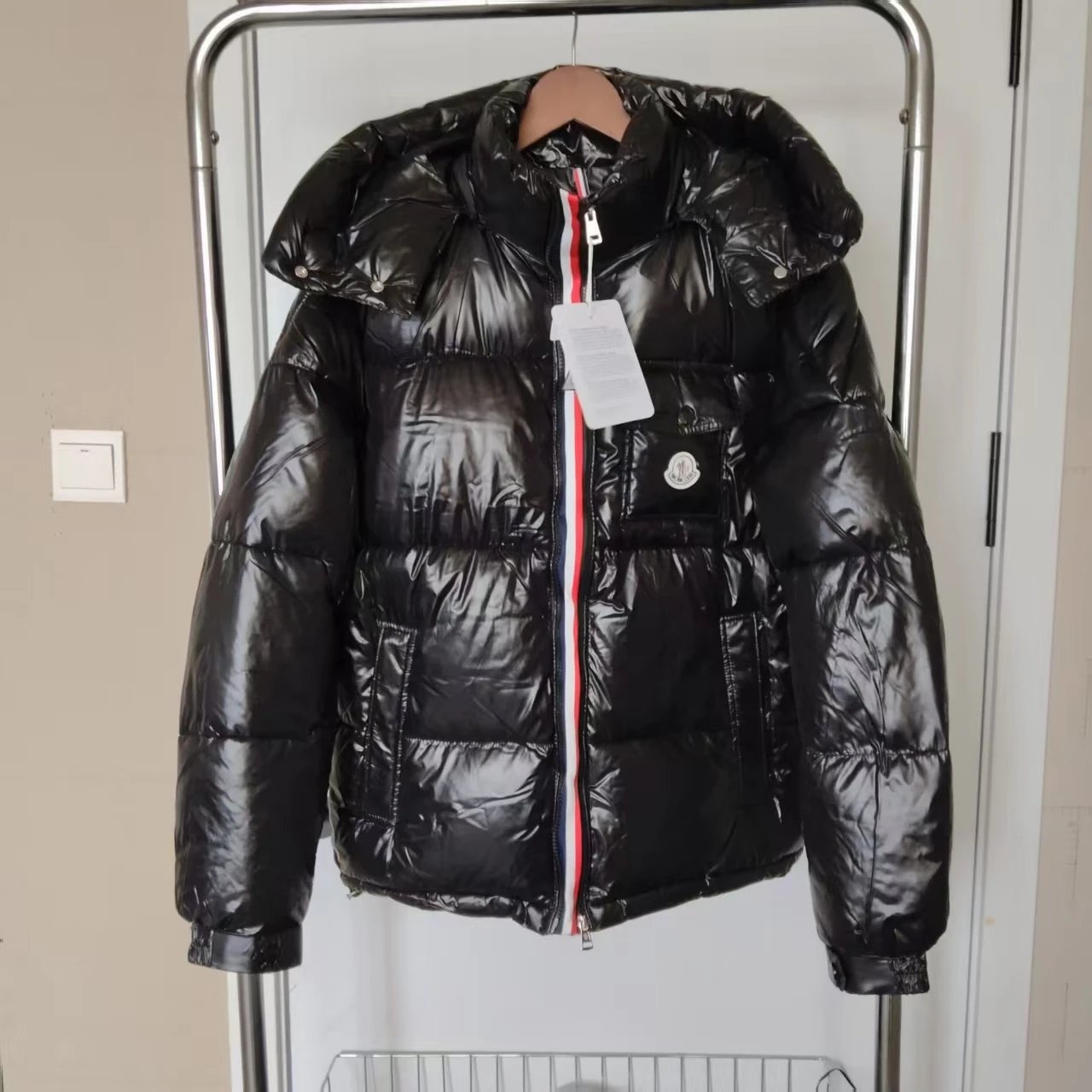 Moncler Black Down Jacket with Detachable Hood and Iconic Stripe