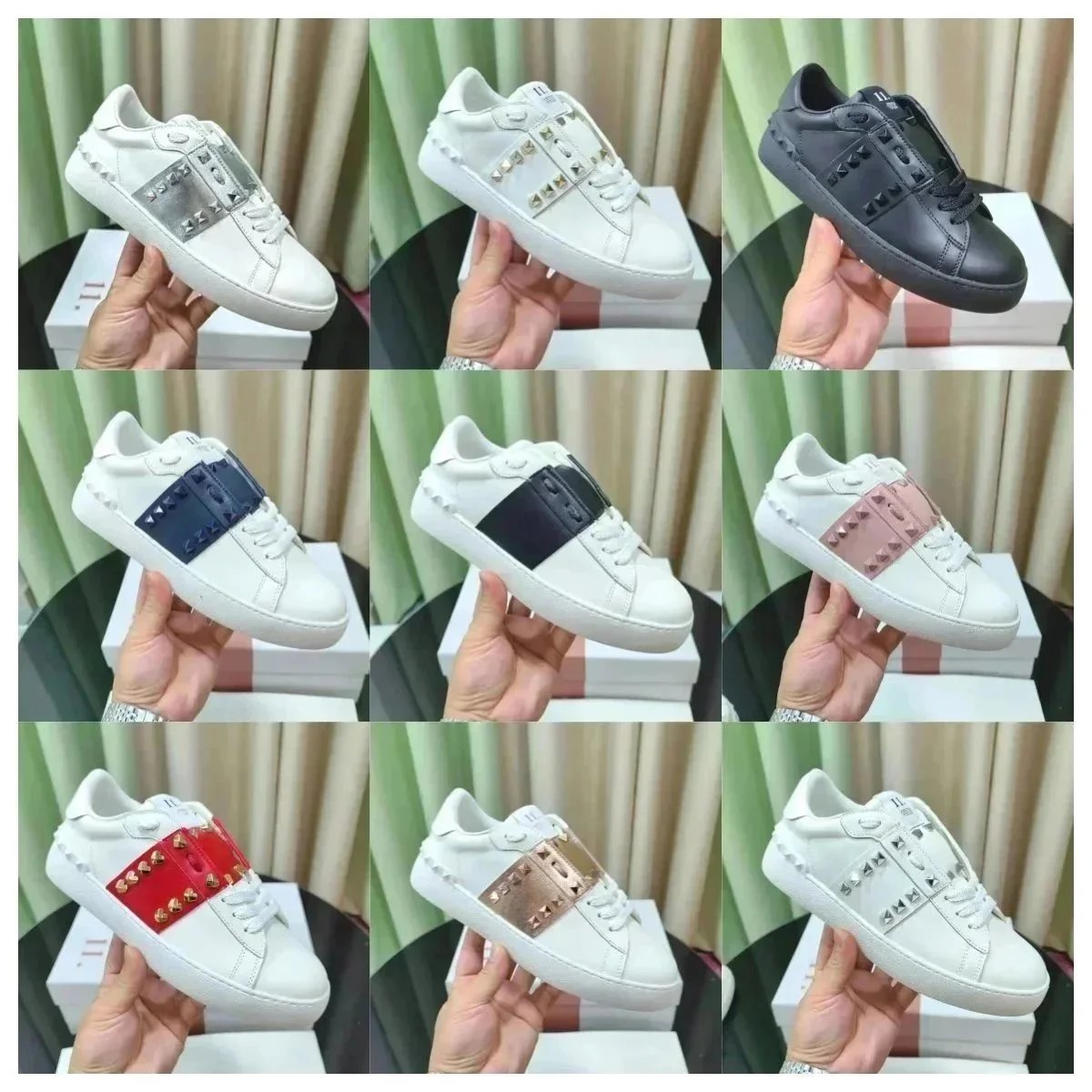 Valentino Rockstud Leather Sneakers White Black Red Blue Pink Gold Silver