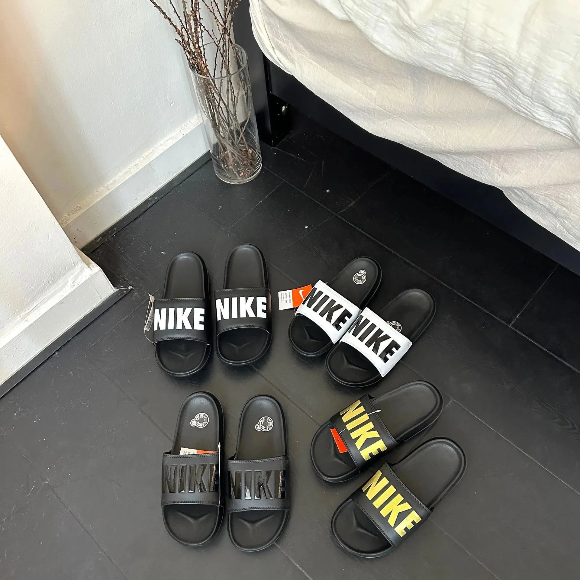 Nike Slide Sandals Black White Yellow Logo Men Women Summer Slides