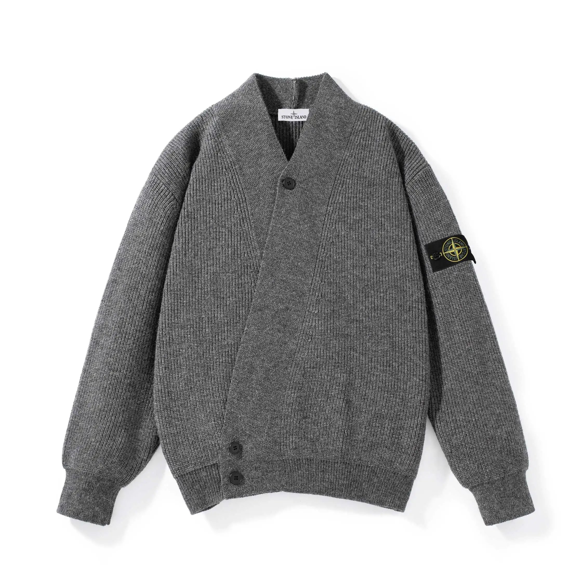 Stone Island Gray Knit Cardigan Sweater with Compass Patch